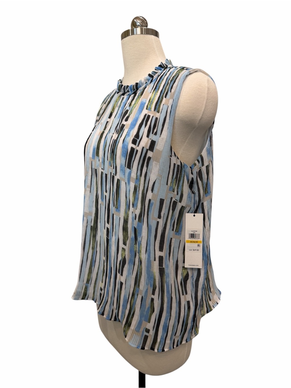Calvin Klein Abstract Stripe Ruffle Neck Sleeveless Blouse Top Blue Green M NWT - Picture 5 of 15